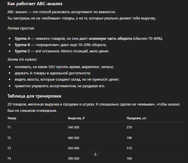 Модель дает теорию по ABC-анализу в ответ на промпт